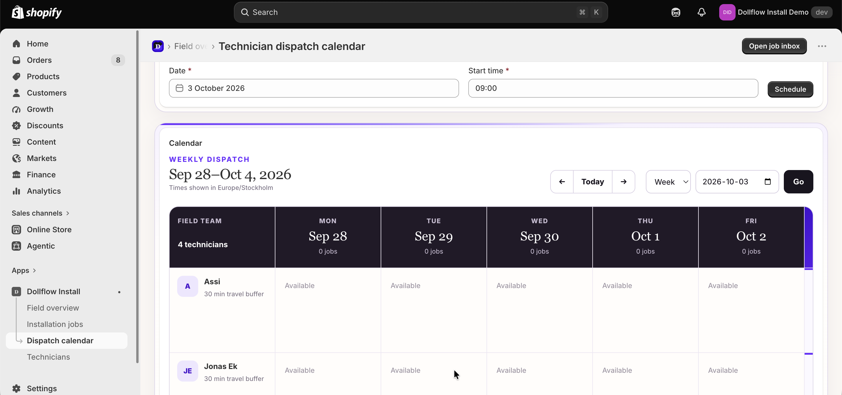 Dollflow Install technician dispatch calendar